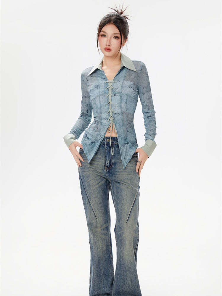 Y2K Lace Up Sheer Shirt Y2K Lace Up Sheer Shirt