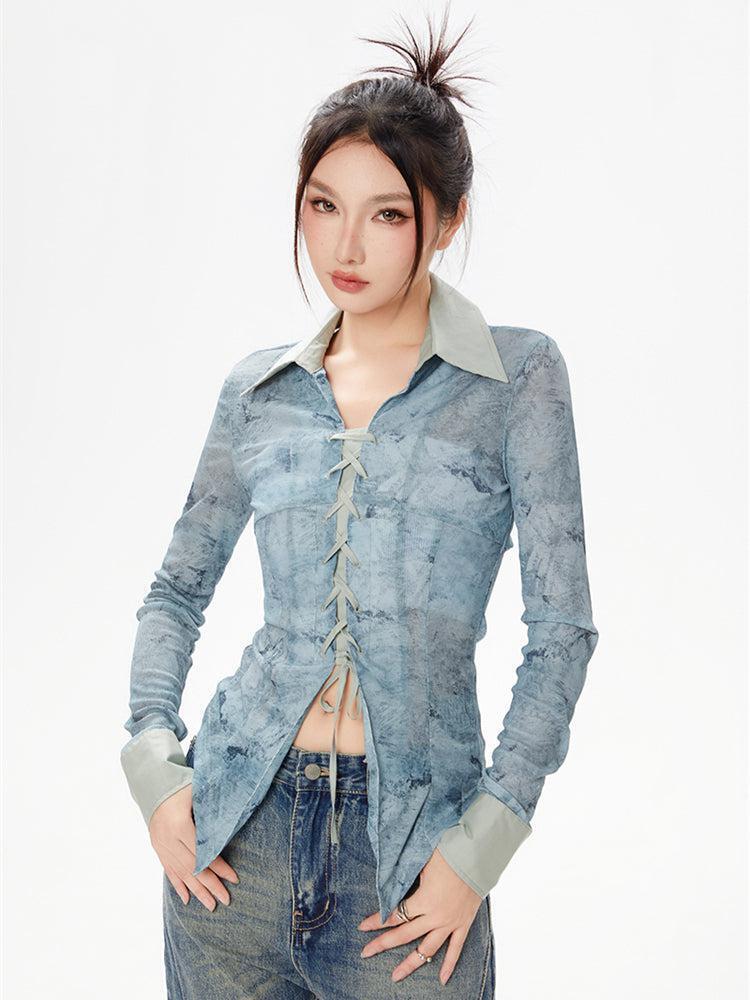 Y2K Lace Up Sheer Shirt Y2K Lace Up Sheer Shirt