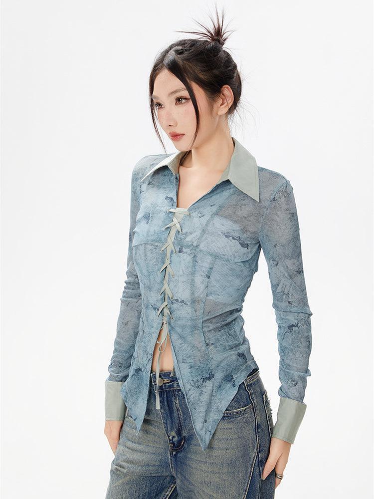 Y2K Lace Up Sheer Shirt Y2K Lace Up Sheer Shirt