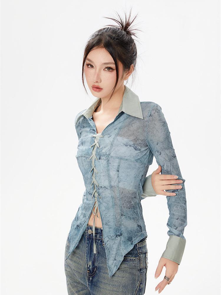 Y2K Lace Up Sheer Shirt Y2K Lace Up Sheer Shirt