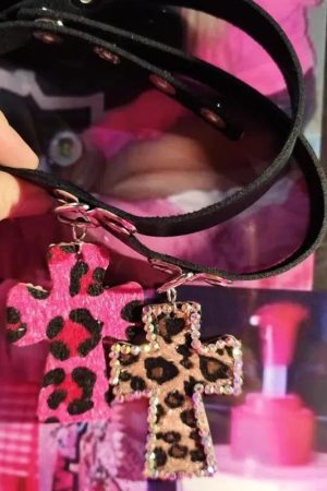 Y2K Leopard Cross Choker Necklace