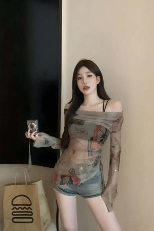 Y2K Off Shoulder Asymmetric Top