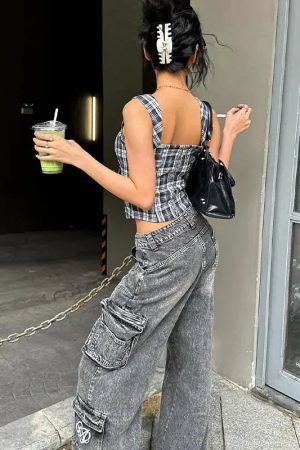 Y2K Plaid Lace Up Top