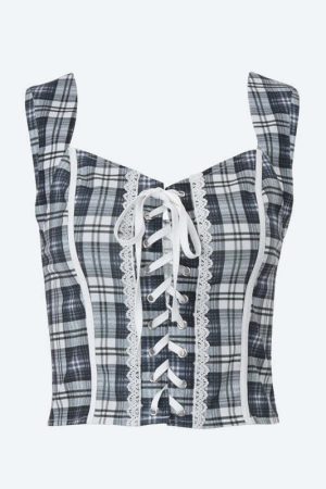 Y2K Plaid Lace Up Top