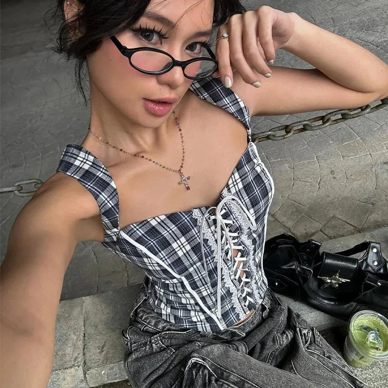 Y2K Plaid Lace Up Top Y2K Plaid Lace Up Top