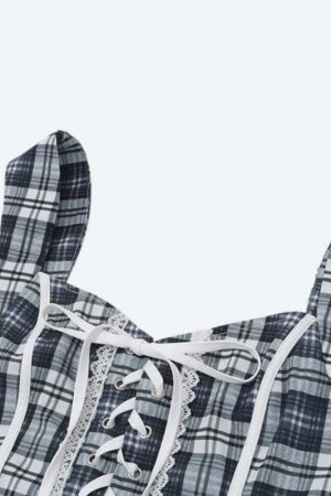 Y2K Plaid Lace Up Top