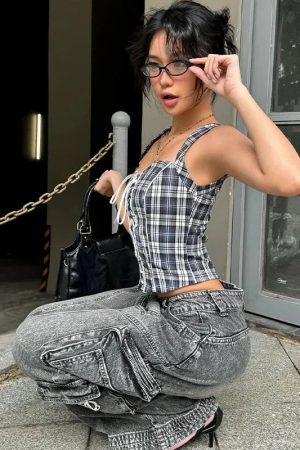 Y2K Plaid Lace Up Top