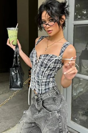 Y2K Plaid Lace Up Top