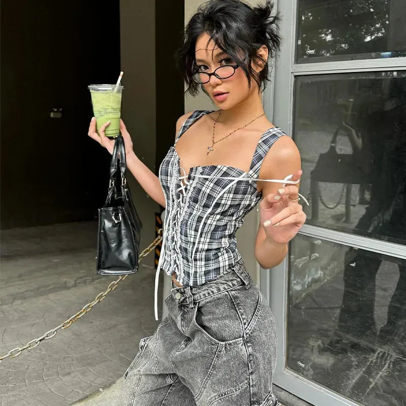 Y2K Plaid Lace Up Top Y2K Plaid Lace Up Top