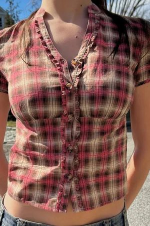 Y2K Plaid Ruffled Shirt