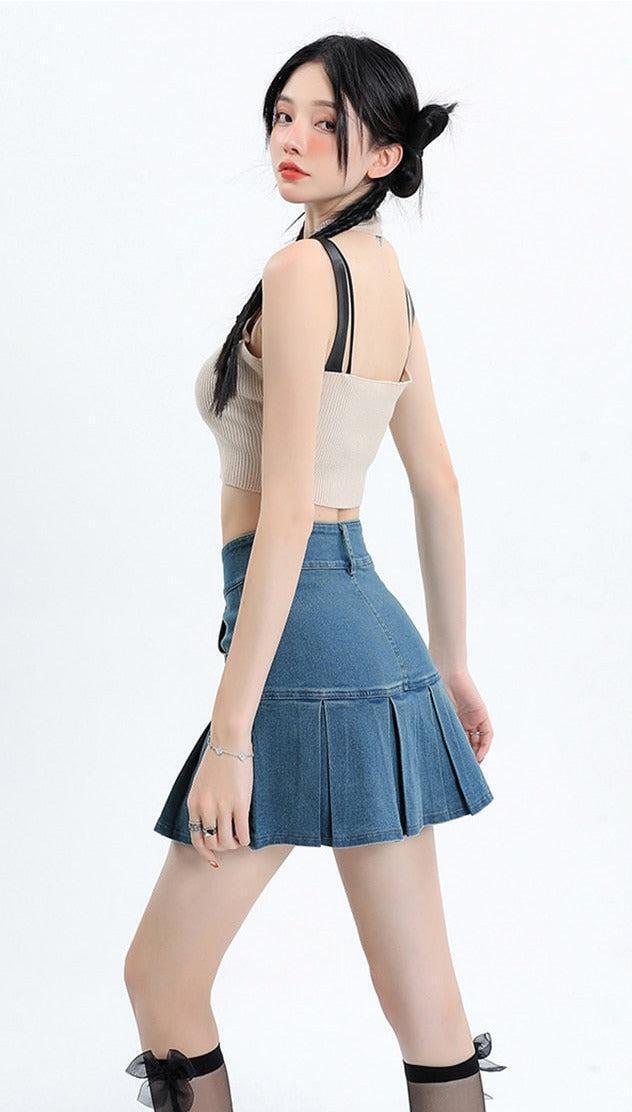 Y2K Pleated Jean Mini Skort Y2K Pleated Jean Mini Skort
