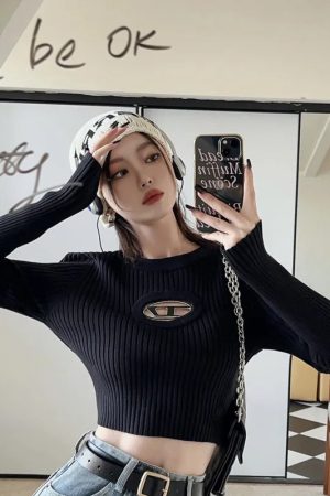 Y2K Ribbed Cropped Sweater