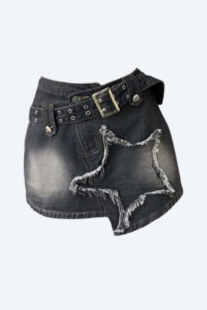 Y2K Star Asymmetric Denim Mini Skirt