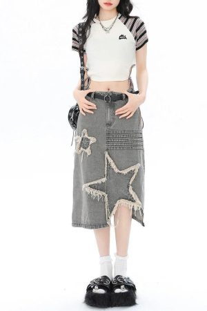 Y2K Star Patchwork Midi Skirt