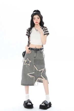 Y2K Star Patchwork Midi Skirt