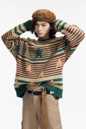 Y2K Vintage Stars Striped Knitted Sweater