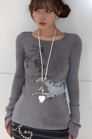 Y2K White Horse Ribbed Top