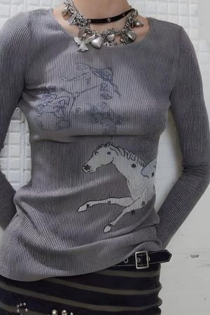 Y2K White Horse Ribbed Top