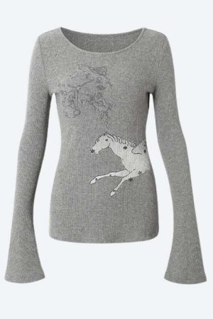 Y2K White Horse Ribbed Top