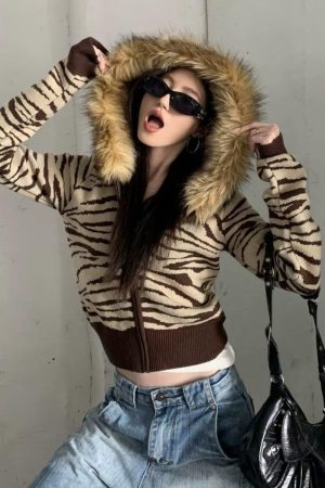 Y2K Zebra Hooded Cardigan