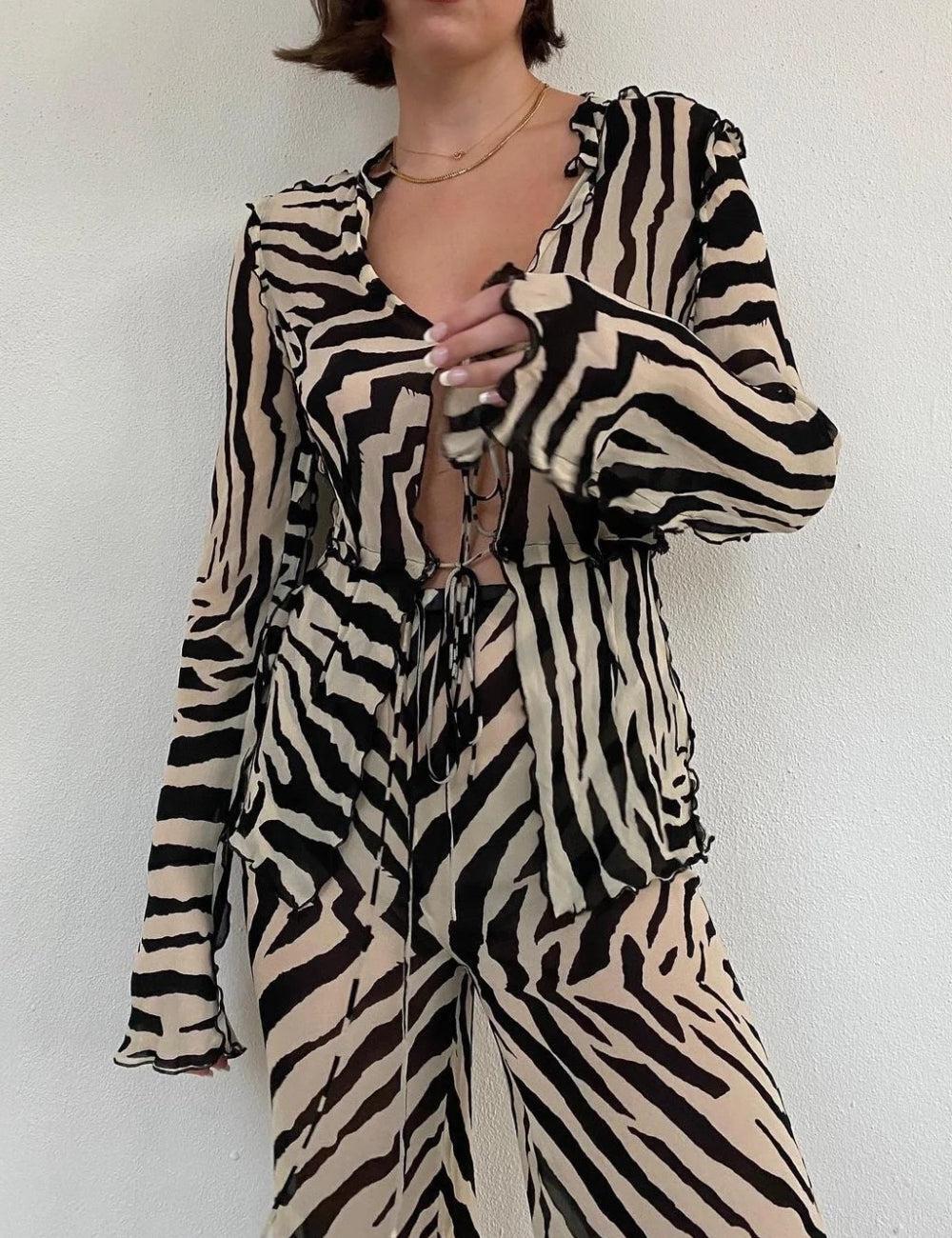 Zebra Tie Up Blouse & Pants Two Piece Set Zebra Tie Up Blouse & Pants Two Piece Set