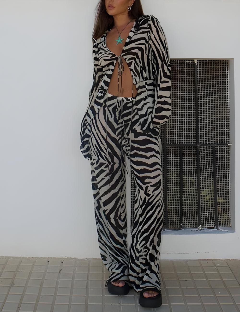 Zebra Tie Up Blouse & Pants Two Piece Set Zebra Tie Up Blouse & Pants Two Piece Set