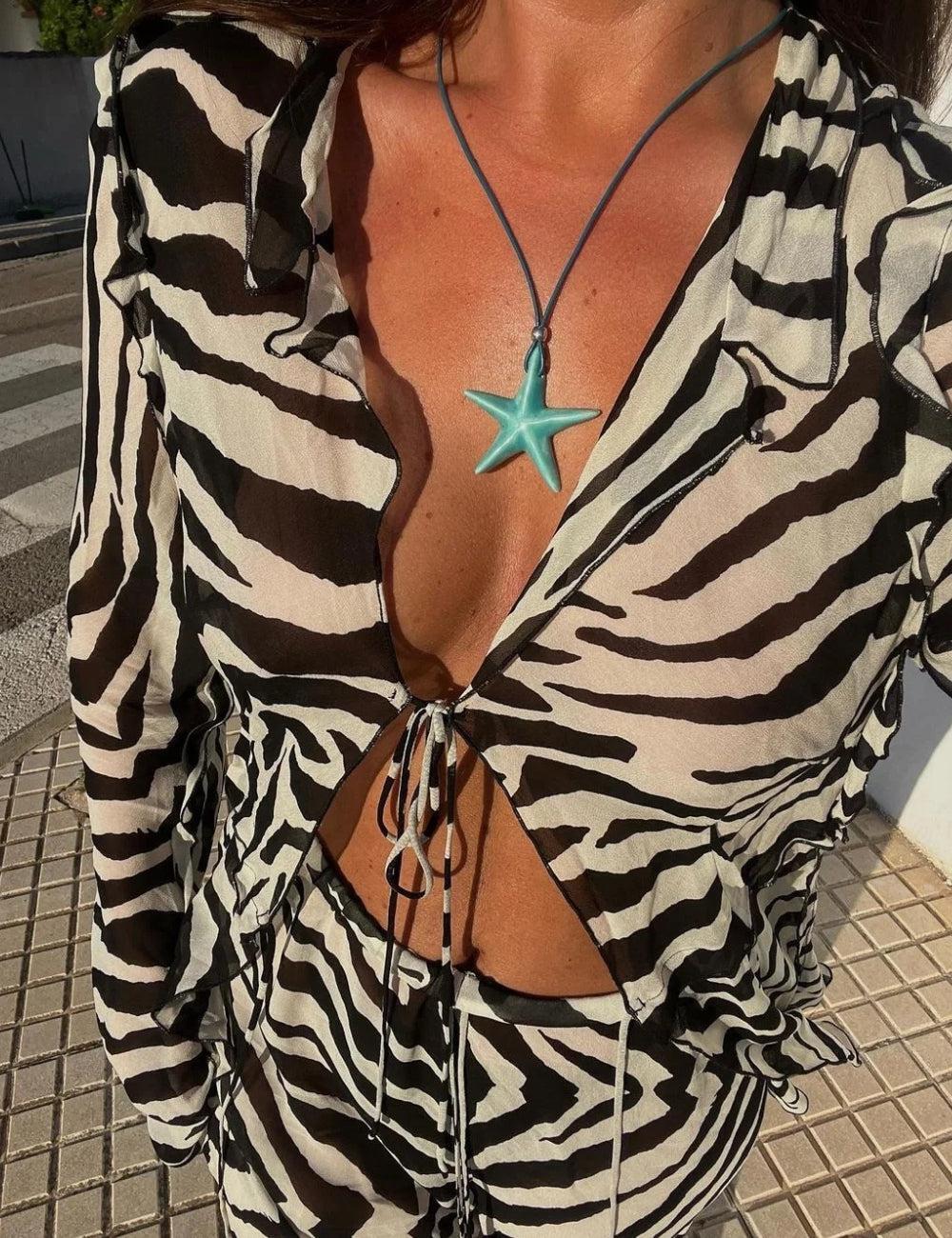 Zebra Tie Up Blouse & Pants Two Piece Set Zebra Tie Up Blouse & Pants Two Piece Set