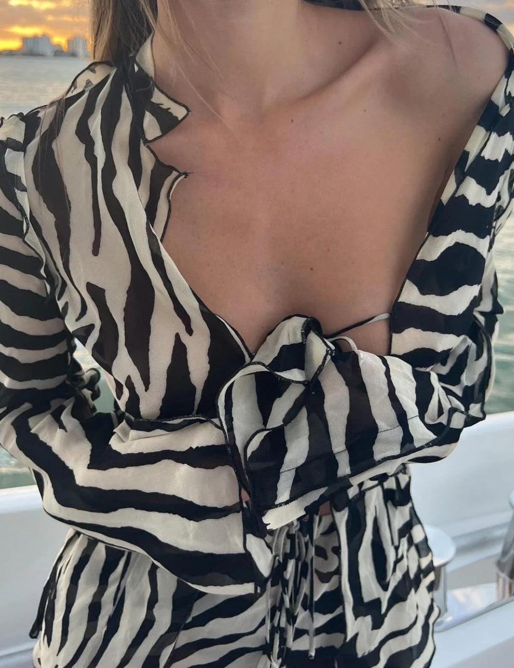 Zebra Tie Up Blouse & Pants Two Piece Set Zebra Tie Up Blouse & Pants Two Piece Set