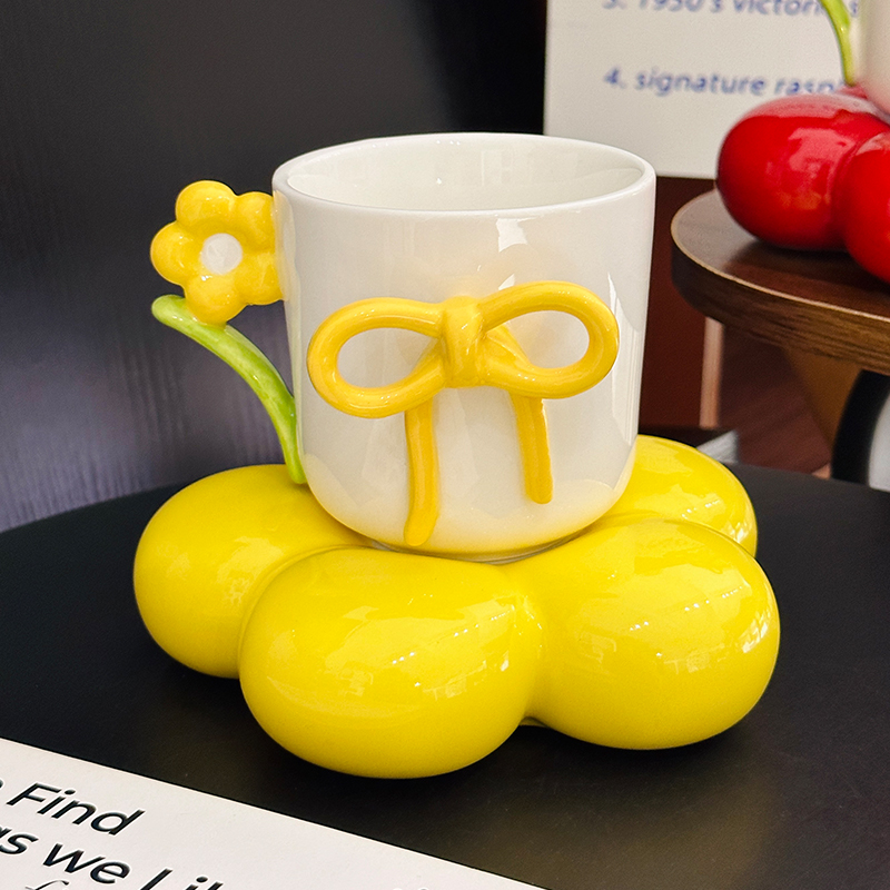 3D Flower Bow Tie Ceramic Coffee Cup and Saucer Set for Girls - Aesthetic Afternoon Tea Mug for Milk and Fufu