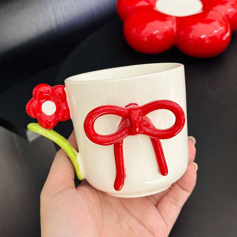 3D Flower Bow Tie Ceramic Coffee Cup and Saucer Set for Girls - Aesthetic Afternoon Tea Mug for Milk and Fufu