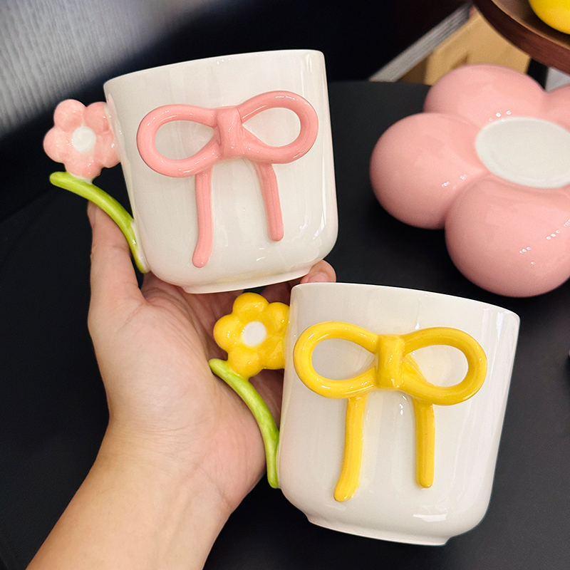 3D Flower Bow Tie Ceramic Coffee Cup and Saucer Set for Girls - Aesthetic Afternoon Tea Mug for Milk and Fufu