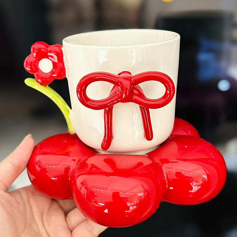 3D Flower Bow Tie Ceramic Coffee Cup and Saucer Set for Girls - Aesthetic Afternoon Tea Mug for Milk and Fufu