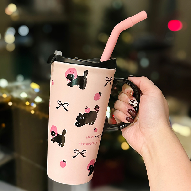 Adorable Cat Mug for Girls - 520ml Ceramic Cup with Straw, Cute Ton-Ton Design, Perfect for Everyday Use and Gifts