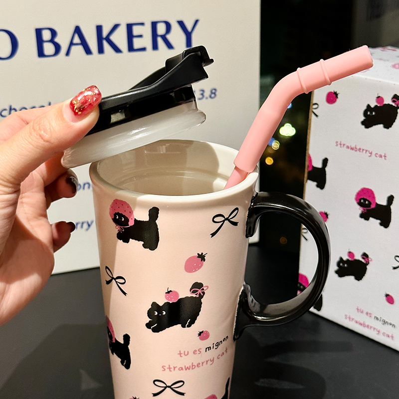 Adorable Cat Mug for Girls - 520ml Ceramic Cup with Straw, Cute Ton-Ton Design, Perfect for Everyday Use and Gifts