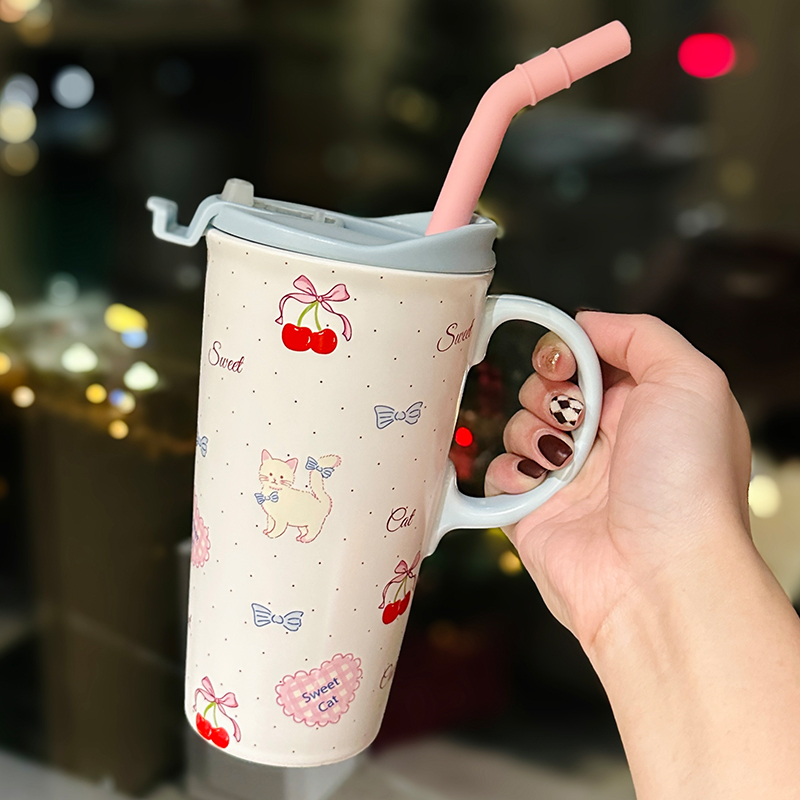 Adorable Cat Mug for Girls - 520ml Ceramic Cup with Straw, Cute Ton-Ton Design, Perfect for Everyday Use and Gifts
