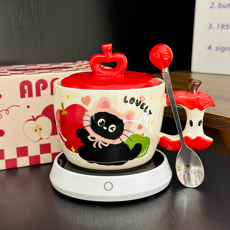 Beautiful Ceramic Apple Mug with Lid and Spoon - Perfect Gift for Girls, Ideal for Birthdays and New Year Celebrations