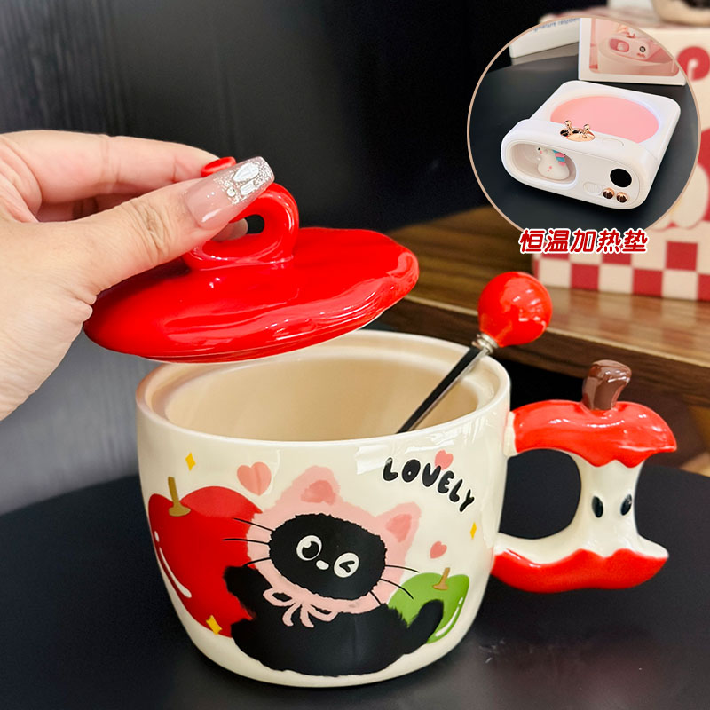 Beautiful Ceramic Apple Mug with Lid and Spoon - Perfect Gift for Girls, Ideal for Birthdays and New Year Celebrations