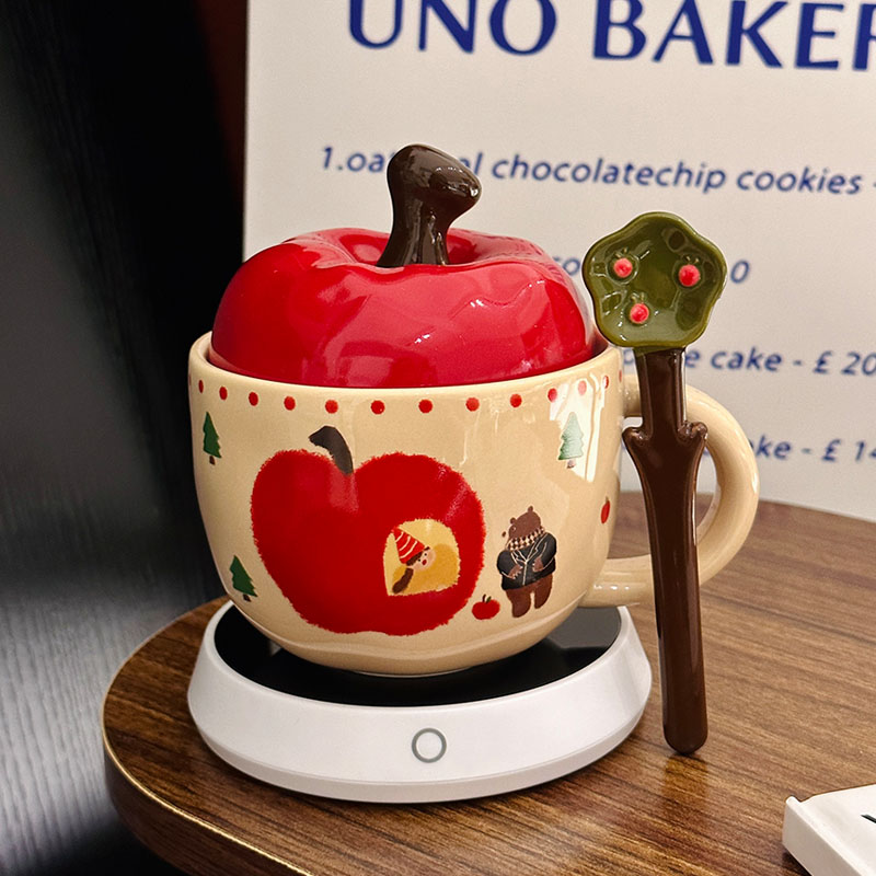 Charming Apple Ceramic Mug with Lid and Spoon - Perfect for Home Use, Ideal Girls' Coffee Cup, Great Graduation Gift