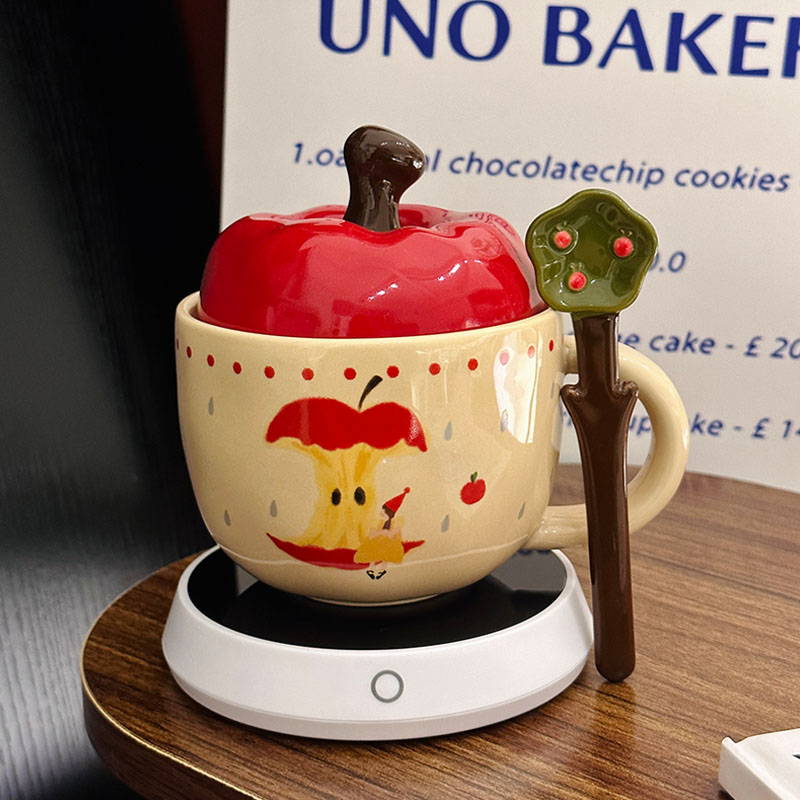 Charming Apple Ceramic Mug with Lid and Spoon - Perfect for Home Use, Ideal Girls' Coffee Cup, Great Graduation Gift