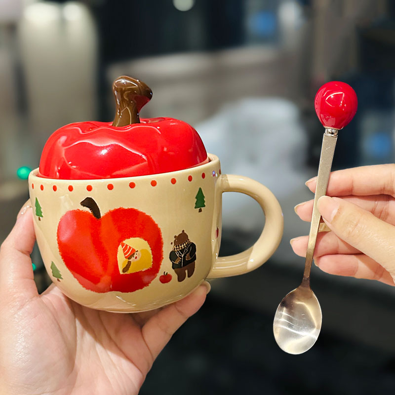 Charming Apple Ceramic Mug with Lid and Spoon - Perfect for Home Use, Ideal Girls' Coffee Cup, Great Graduation Gift