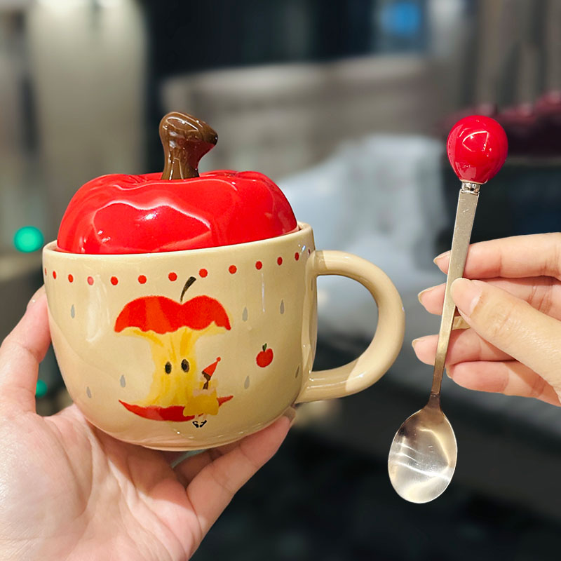 Charming Apple Ceramic Mug with Lid and Spoon - Perfect for Home Use, Ideal Girls' Coffee Cup, Great Graduation Gift