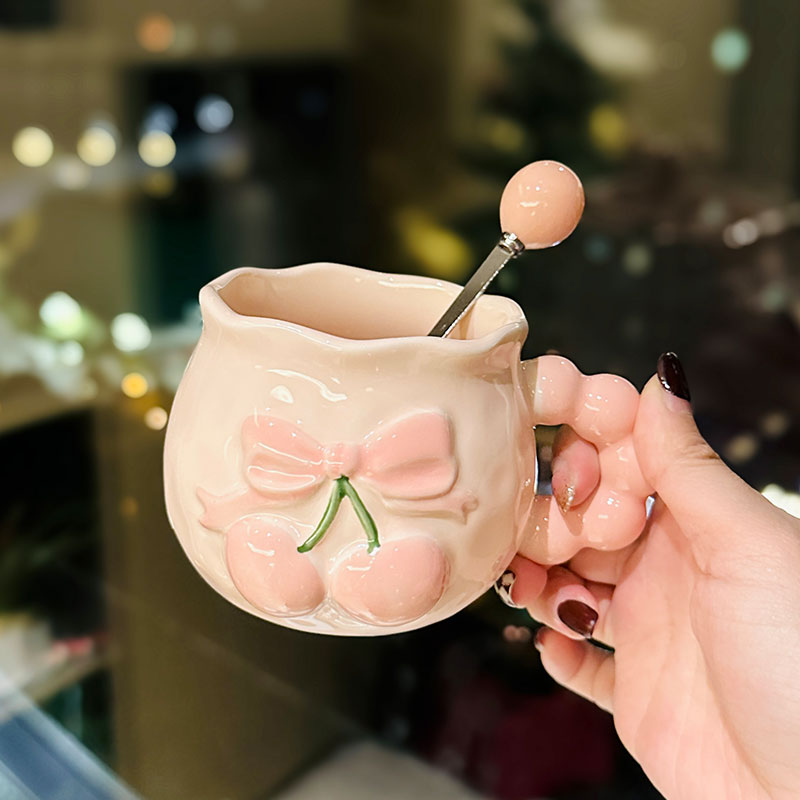 Charming Cherry Ceramic Mug with Underglaze Color, Embossed 3D Design - Unique Water Cup for Birthdays and Special Occasions