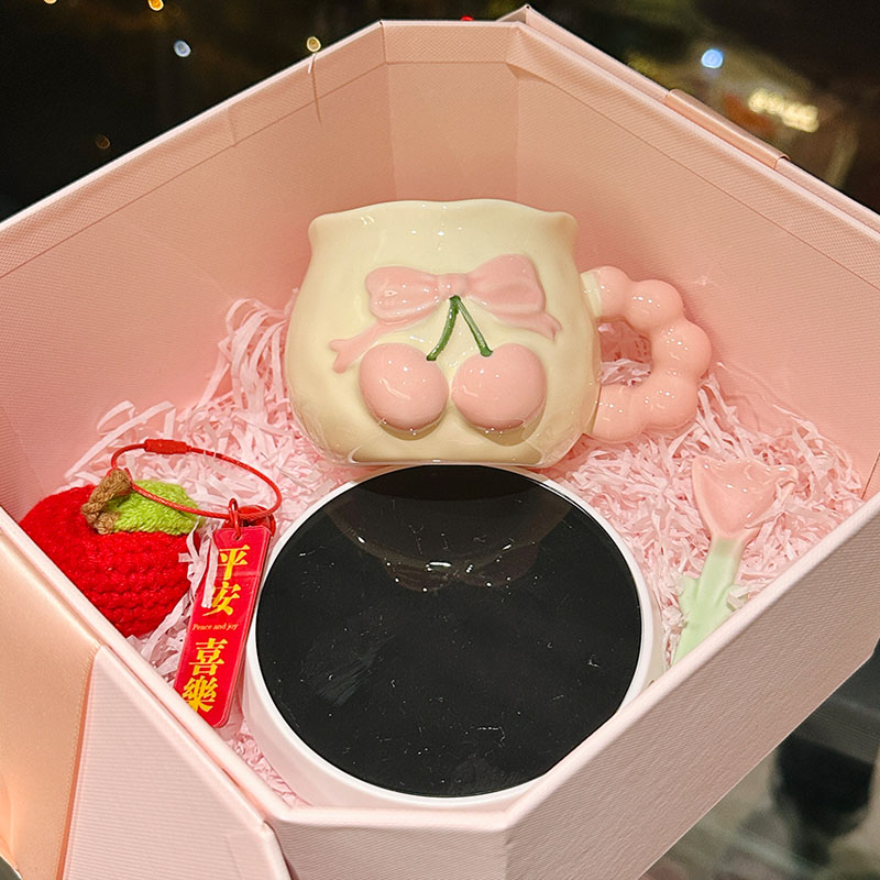 Charming Cherry Ceramic Mug with Underglaze Color, Embossed 3D Design - Unique Water Cup for Birthdays and Special Occasions