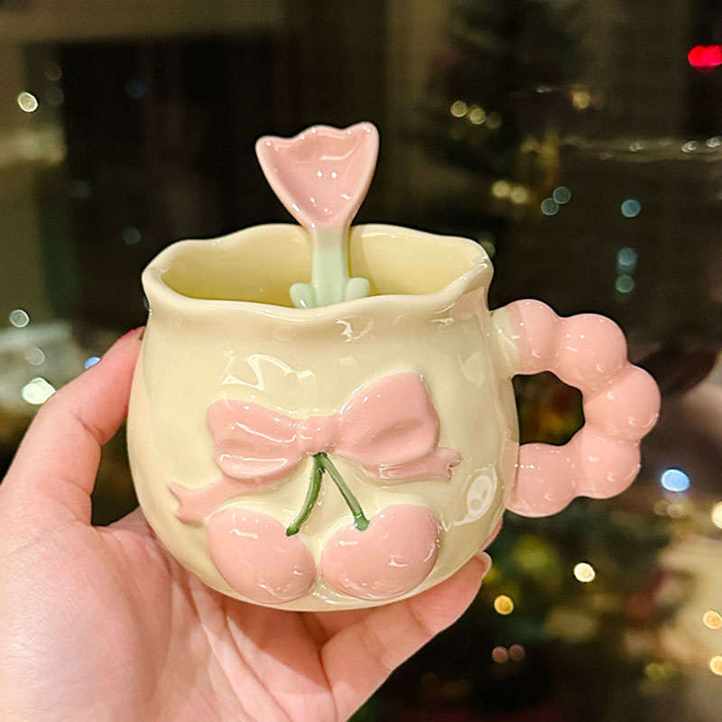 Charming Cherry Ceramic Mug with Underglaze Color, Embossed 3D Design - Unique Water Cup for Birthdays and Special Occasions