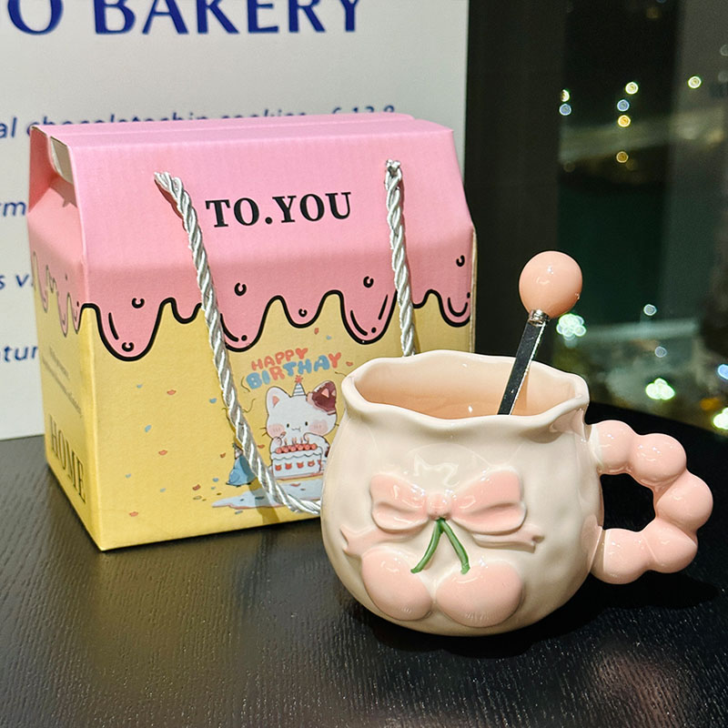 Charming Cherry Ceramic Mug with Underglaze Color, Embossed 3D Design - Unique Water Cup for Birthdays and Special Occasions