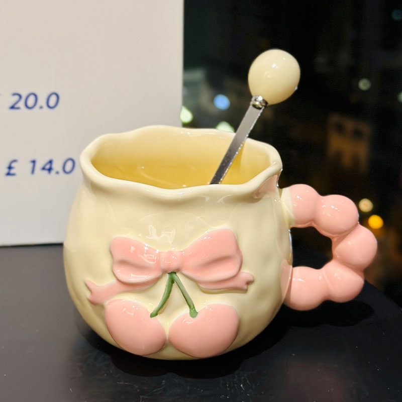 Charming Cherry Ceramic Mug with Underglaze Color, Embossed 3D Design - Unique Water Cup for Birthdays and Special Occasions