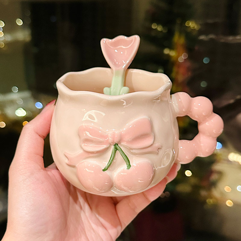 Charming Cherry Ceramic Mug with Underglaze Color, Embossed 3D Design - Unique Water Cup for Birthdays and Special Occasions