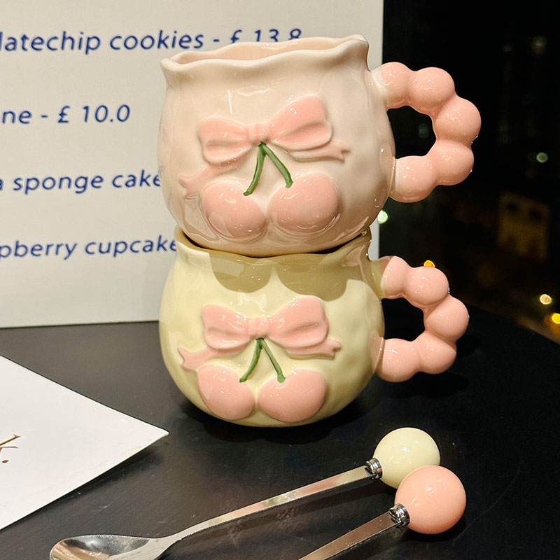 Charming Cherry Ceramic Mug with Underglaze Color, Embossed 3D Design - Unique Water Cup for Birthdays and Special Occasions