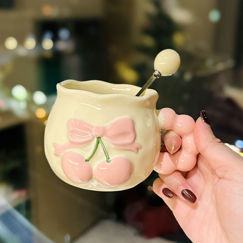 Charming Cherry Ceramic Mug with Underglaze Color, Embossed 3D Design - Unique Water Cup for Birthdays and Special Occasions