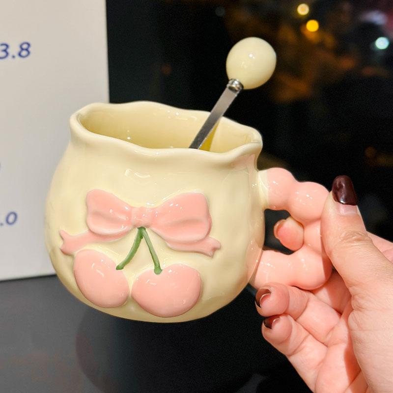 Charming Cherry Ceramic Mug with Underglaze Color, Embossed 3D Design - Unique Water Cup for Birthdays and Special Occasions